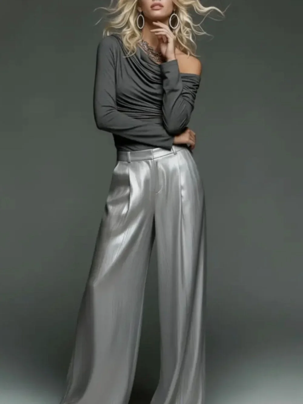 One-Shoulder Ruched Long-Sleeve Top And Silvery High-Waisted Loose Wide-Leg Pant